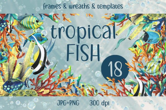 Tropical Fish Watercolor Frames, Wreaths